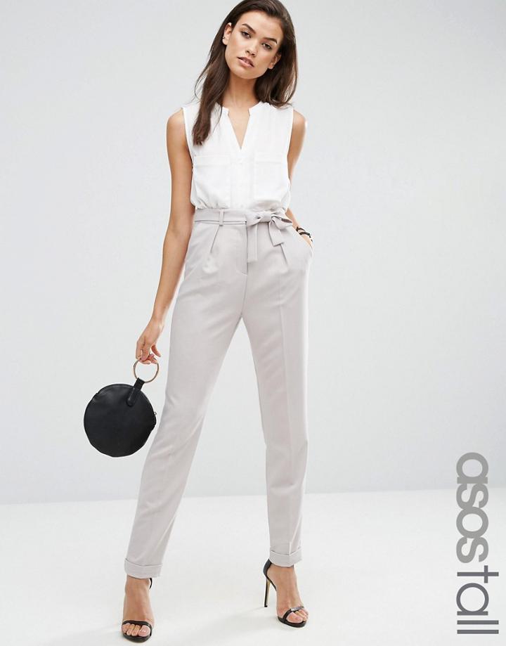 Asos Tall Woven Peg Pants With Obi Tie - Silver