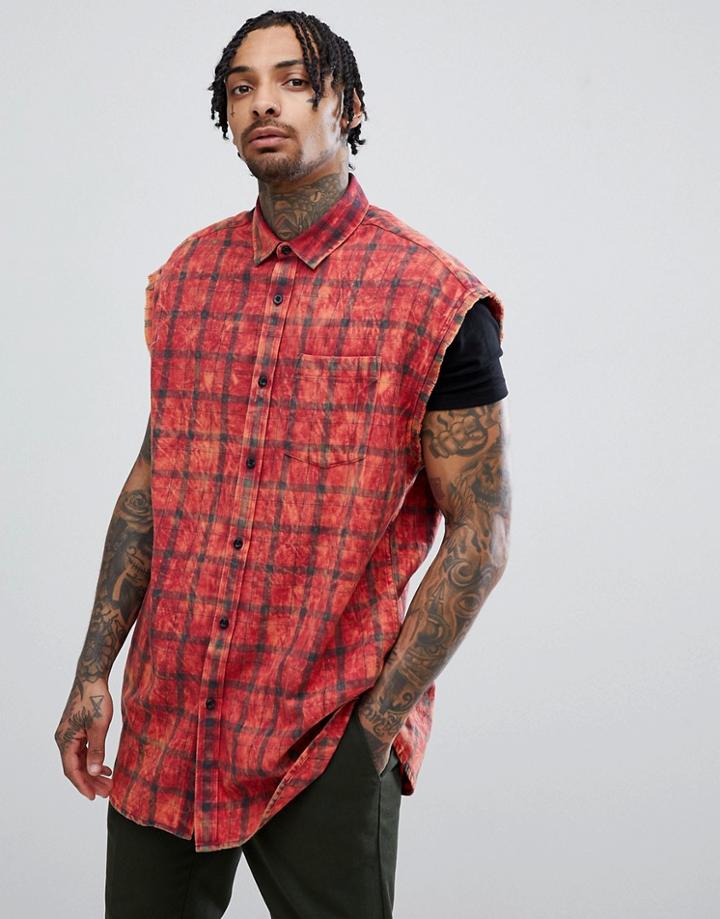 Asos Design Overszied Sleeveless Plaid Check Shirt With Acid Wash - Red