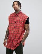 Asos Design Overszied Sleeveless Plaid Check Shirt With Acid Wash - Red