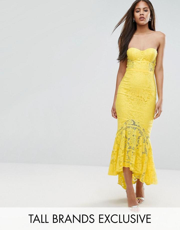 Jarlo Tall Allover Lace Bandeau Midi Dress With Highlow Fishtail - Yellow
