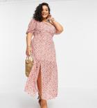 In The Style Plus X Jac Jossa Puff Sleeve Maxi Dress With Thigh Split In Red Floral Print-multi