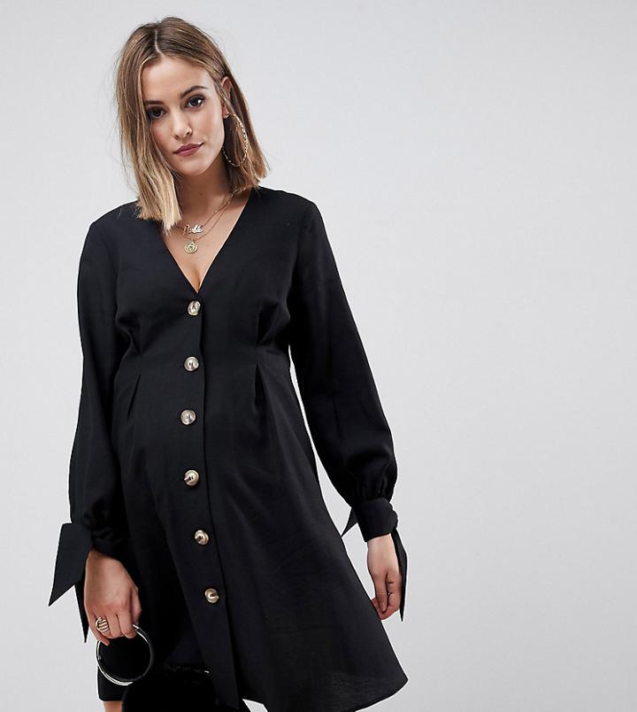 Asos Design Maternity Button Through Mini Skater Dress With Tie Sleeves-black