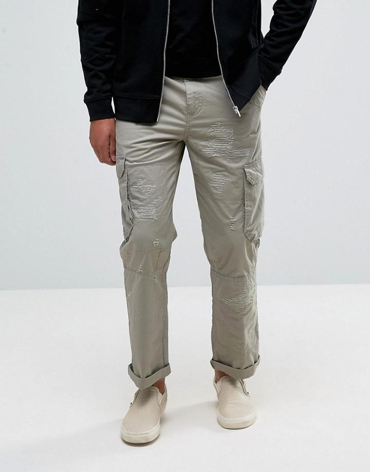Asos Straight Cargo Pants With Rip And Repair Detail In Stone - Beige
