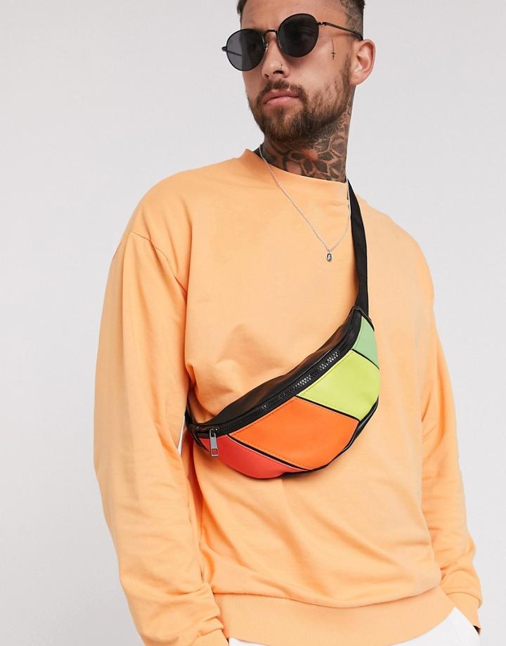 Asos Design Faux Leather Cross Body Fanny Pack In With Rainbow Color Block-multi