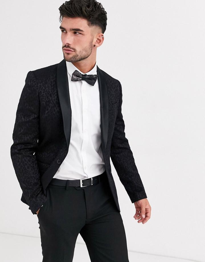 Avail London Skinny Tuxedo Jacket In Black Animal Print Jacquard