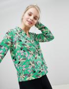 Monki Floral Print Double Breasted Blouse - Green