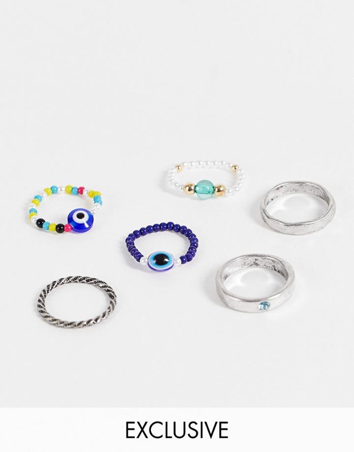 Reclaimed Vintage Inspired Unisex Stretch Mix Ring Pack With Eye Charms In Mixed Beads-multi