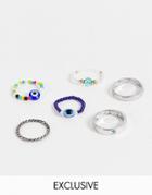 Reclaimed Vintage Inspired Unisex Stretch Mix Ring Pack With Eye Charms In Mixed Beads-multi