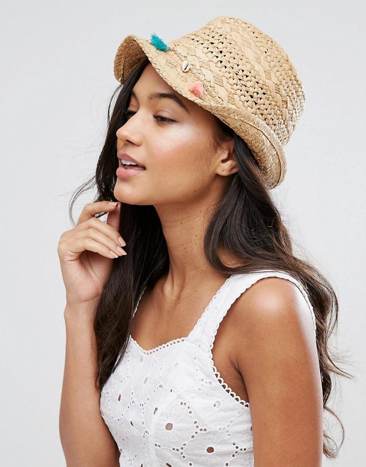 New Look Beaded Straw Trilby H - Stone