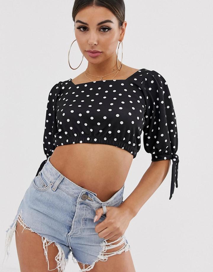 Asos Design Crop Square Neck Top With Tie Cuff In Polka Dot - Black