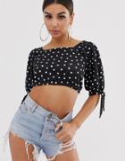 Asos Design Crop Square Neck Top With Tie Cuff In Polka Dot - Black