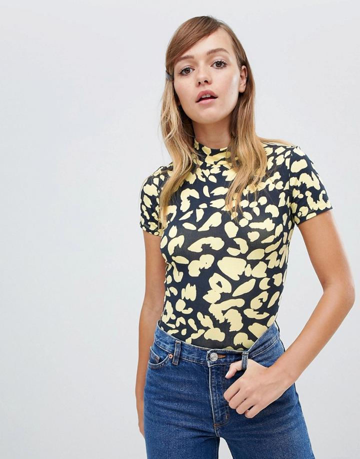 Monki Leopard Print High Neck Tee - Multi