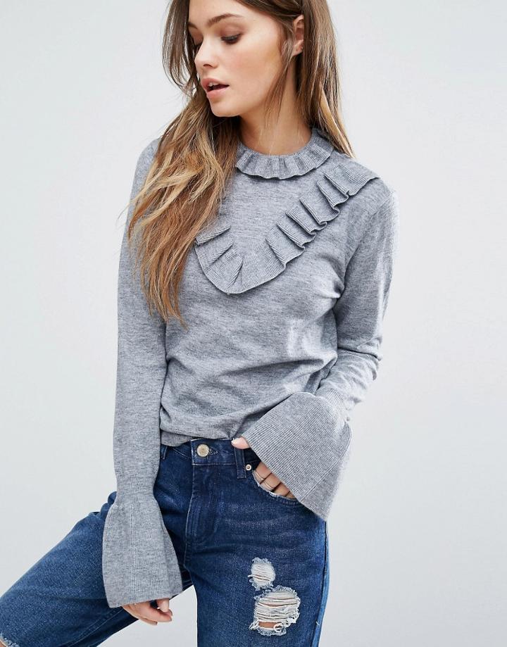 Vero Moda High Neck Ruffle Detail Sweater - Gray