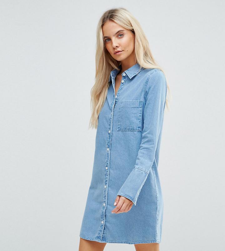 Asos Petite Denim Shirt Dress With Deep Cuff Detail - Blue