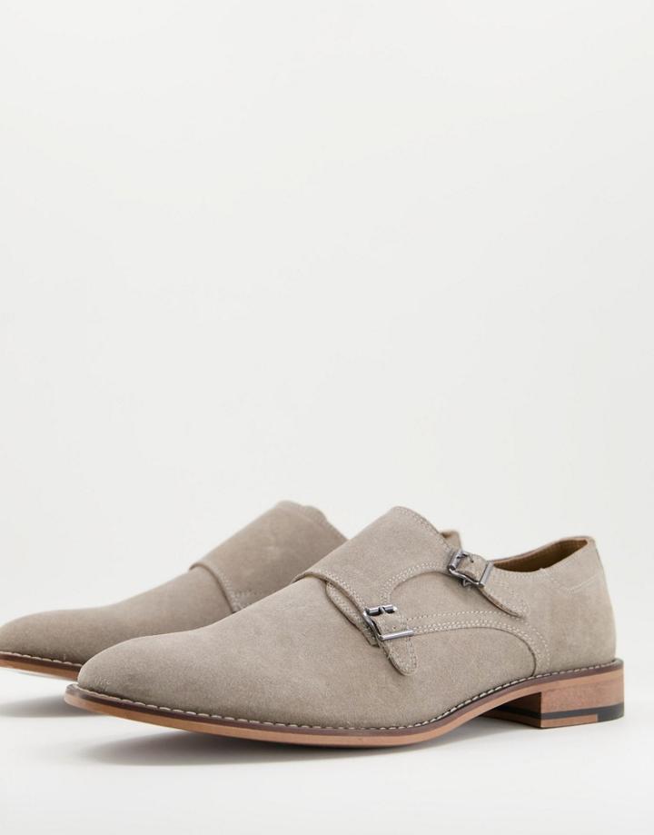 Asos Design Monk Shoes In Stone Suede-neutral