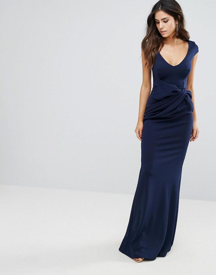 City Goddess Tie Front Fishtail Maxi Dress - Navy