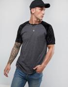 Asos Longline T-shirt With Contrast Velour Raglan Sleeves In Charcoal Marl - Gray