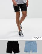 Asos 2 Pack Slim Denim Shorts With Abrasions In Light Wash Blue And Black - Multi