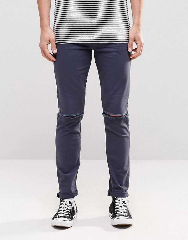 Asos Super Skinny Jeans With Knee Rips In Dark Blue - Dark Blue