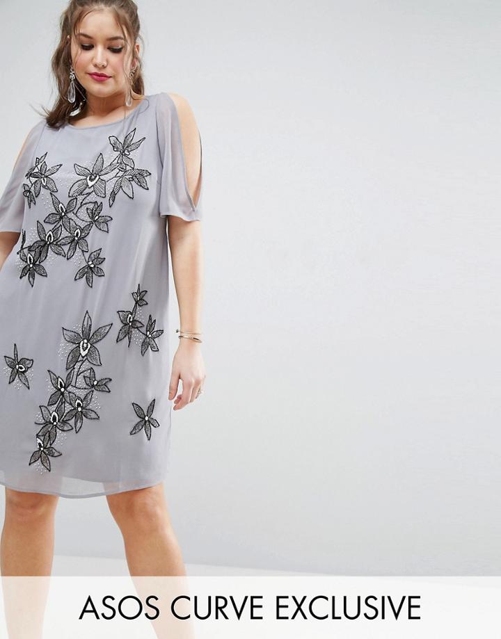 Asos Curve Cold Shoulder Shift Dress With Flower Embellishment - Gray
