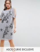 Asos Curve Cold Shoulder Shift Dress With Flower Embellishment - Gray