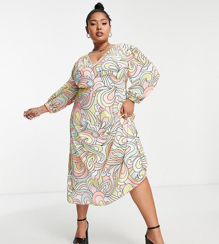 Twisted Wunder Plus Balloon Sleeve Midi Dress In Pastel Swirl Print-multi