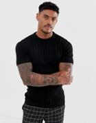 Asos Design Knitted Ribbed T-shirt In Black - Black