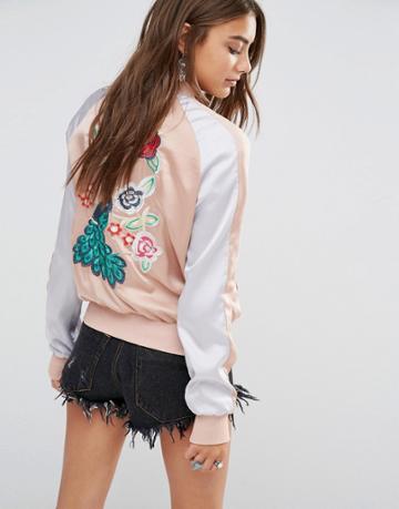 Young Bohemians Bomber Jacket With Delicate Floral Embroidery - Multi