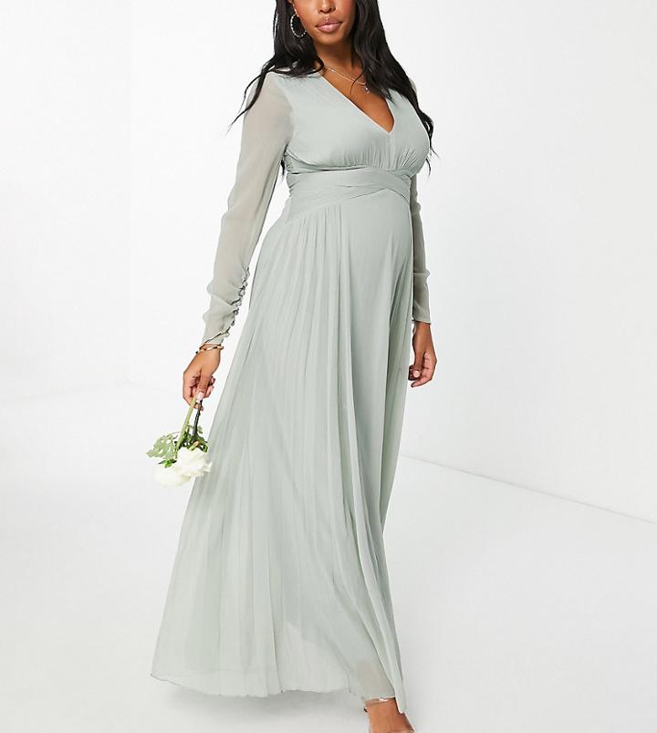 Asos Design Maternity Bridesmaid Ruched Waist Maxi Dress With Long Sleeves And Pleat Skirt In Olive-green