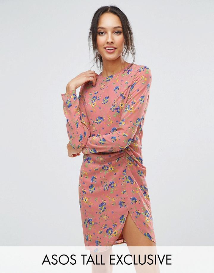 Asos Tall Mini Dress With Ruched Side In Floral Print - Multi