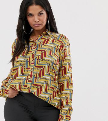 Prettylittlething Plus Satin Shirt In Scarf Print - Multi