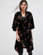 Pieces Fille Floral Velvet Burnout Kimono Jacket - Black