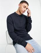 Threadbare Cotton Quarter Zip Long Sleeve Knitted Polo In Navy-green
