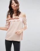 Asos Top In Ponte With Ruffle Off Shoulder - Pink