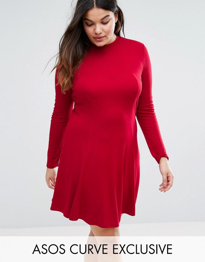 Asos Curve Skater Dress In Ponte High Neck And Seam Detail - Red