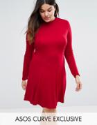 Asos Curve Skater Dress In Ponte High Neck And Seam Detail - Red