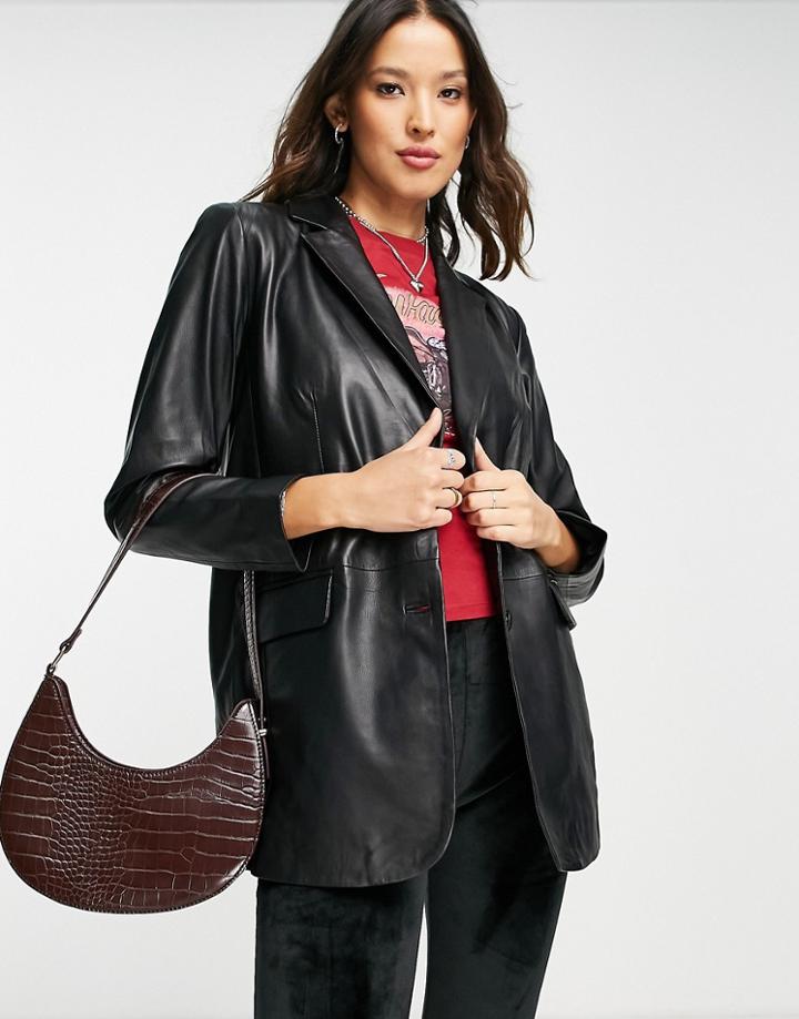 Object Real Leather Blazer In Black
