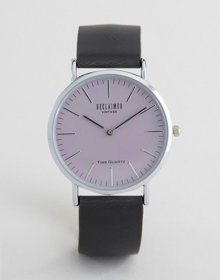 Reclaimed Vintage Black Leather Watch With Pink Dial - Black
