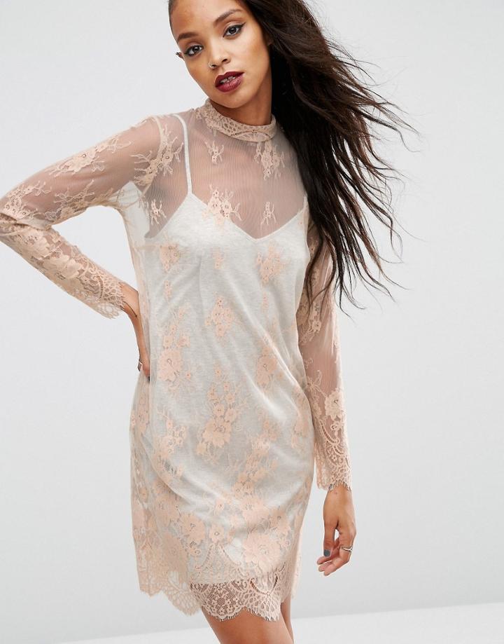 Asos Lace Shift Dress With Gray Marl Lining - Pink