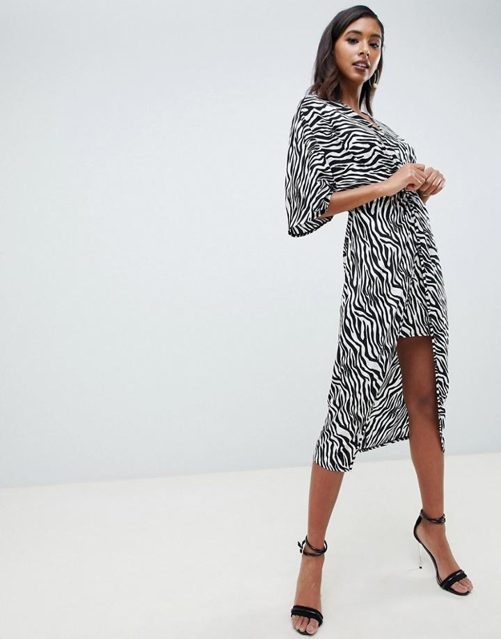 Asos Design Knot Front Midi Kimono Dress In Zebra Animal Print - Multi