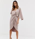 Asos Design Satin Kimono Midi Dress With Knot Front And Asymmetric Sleeve - Pink