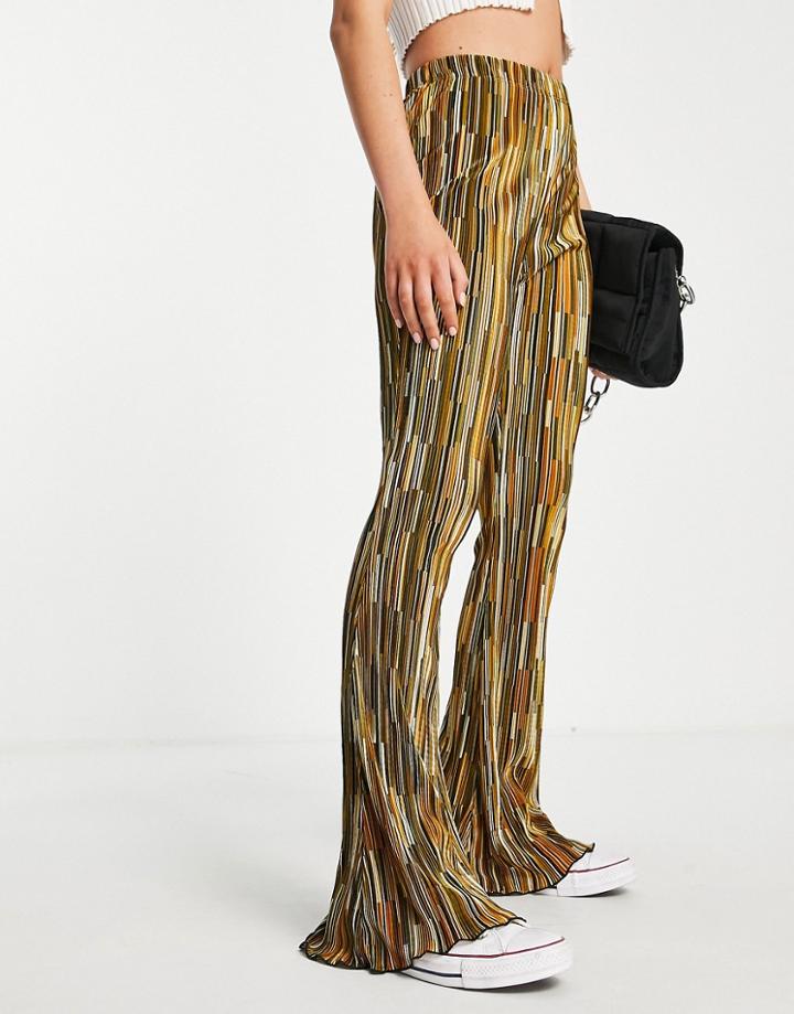 Topshop Set Plisse Flared Pants In Stripe Print-multi