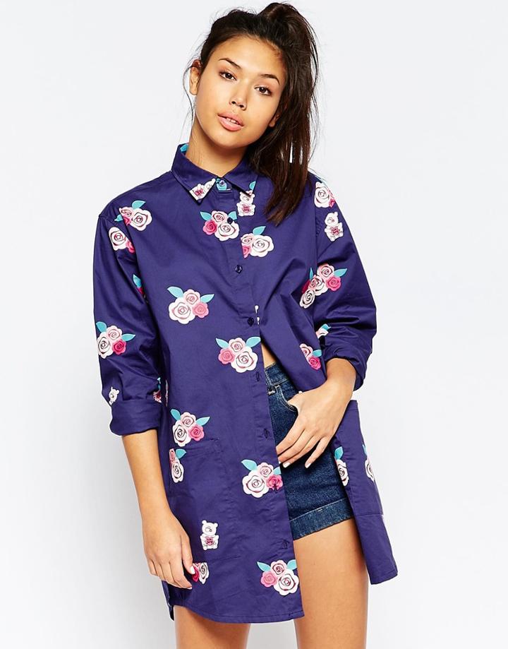 Lazy Oaf Oversized Long Sleeve Shirt In Not Sorry Rose Print - Blue