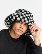 Asos Design Matching Bucket Hat In Faux Fur With Checkerboard Design In Black And Green-multi