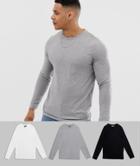 Asos Design Long Sleeve T-shirt With Crew Neck 3 Pack Multipack Saving - Multi