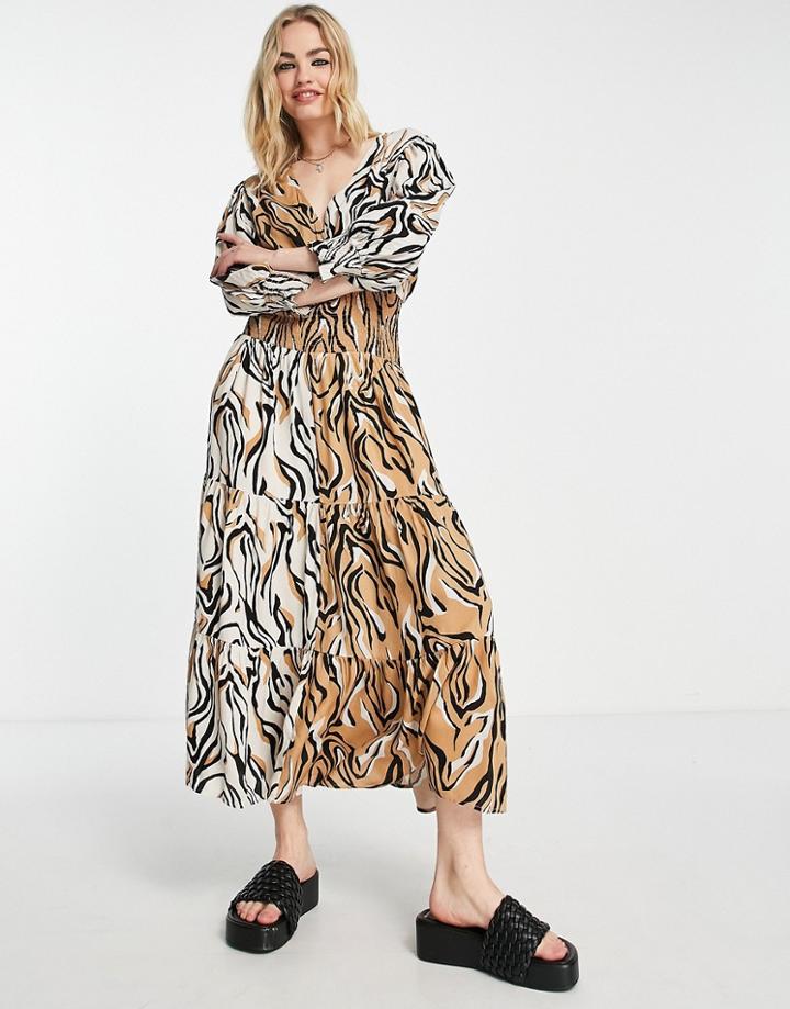 River Island Animal Print Shirred Midi Dress In Light Brown