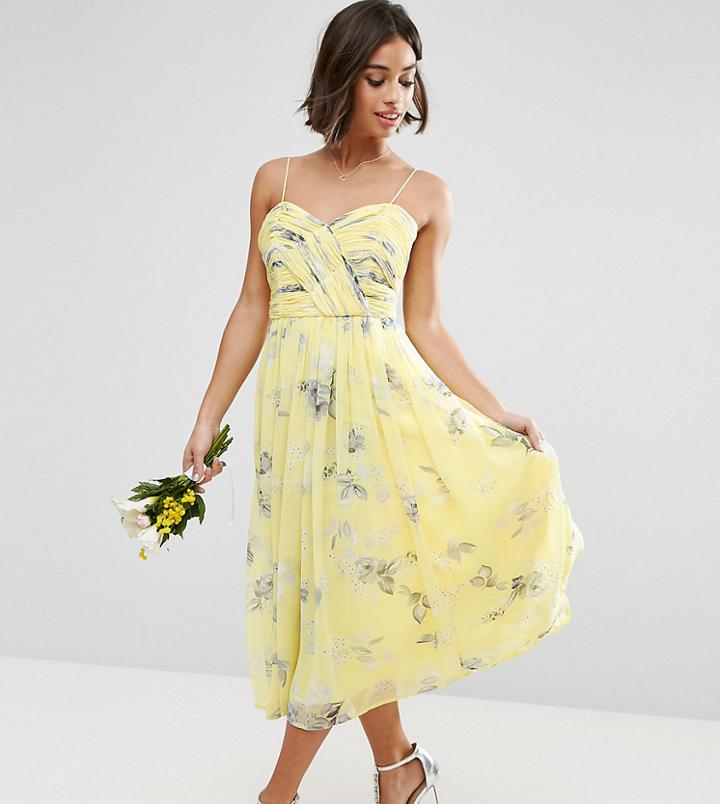 Asos Petite Wedding Rouched Midi Dress In Sunshine Floral Print - Yellow