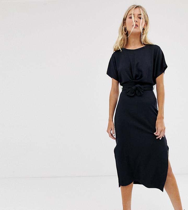 Bershka Midi Dress With Tie Waist In Black - Black