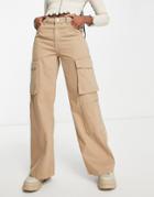 Bershka Oversized Pocket Detail Cargo Wide Leg Pants In Camel-neutral