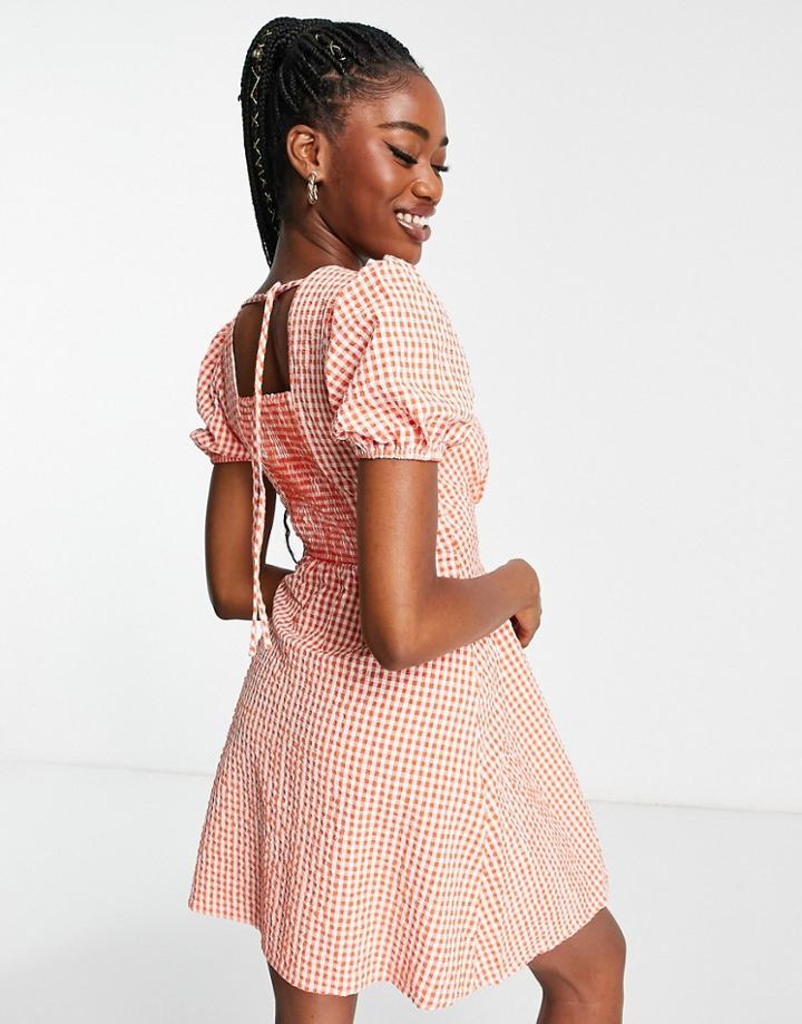 Urban Revivo Midi Dress With Puff Sleeves In Dark Orange Gingham